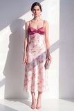 Pink A-Line Spaghetti Straps Midi Floral Dress