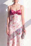Pink A-Line Spaghetti Straps Midi Floral Dress