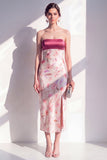 Strapless Pink Sheath Midi Floral Dress with Slit