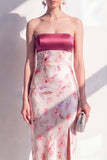 Strapless Pink Sheath Midi Floral Dress with Slit
