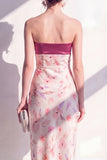 Strapless Pink Sheath Midi Floral Dress with Slit