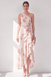 One Shoulder Apricot Chiffon A-Line Maxi Floral Dress with Ruffles