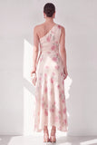 One Shoulder Apricot Chiffon A-Line Maxi Floral Dress with Ruffles