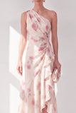 One Shoulder Apricot Chiffon A-Line Maxi Floral Dress with Ruffles
