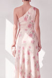 One Shoulder Apricot Chiffon A-Line Maxi Floral Dress with Ruffles