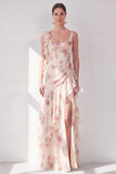 Apricot Sheath Corset Chiffon Ruffled Maxi Floral Dress with Slit