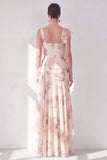 Apricot Sheath Corset Chiffon Ruffled Maxi Floral Dress with Slit