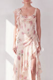 Apricot Sheath Corset Chiffon Ruffled Maxi Floral Dress with Slit