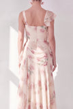 Apricot Sheath Corset Chiffon Ruffled Maxi Floral Dress with Slit