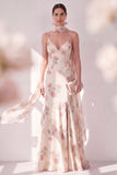 Apricot Mermaid Chiffon Side Slit Maxi Floral Dress with a Neck Scarf