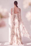 Apricot Mermaid Chiffon Side Slit Maxi Floral Dress with a Neck Scarf