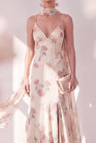 Apricot Mermaid Chiffon Side Slit Maxi Floral Dress with a Neck Scarf