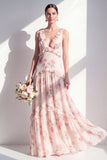 Apricot Floral A-Line Chiffon V-Neck Long Bridesmaid Dress with Ruffles