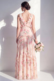 Apricot Floral A-Line Chiffon V-Neck Long Bridesmaid Dress with Ruffles