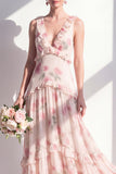 Apricot Floral A-Line Chiffon V-Neck Long Bridesmaid Dress with Ruffles
