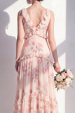 Apricot Floral A-Line Chiffon V-Neck Long Bridesmaid Dress with Ruffles