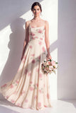 Apricot A-Line Floral Chiffon Spaghetti Straps Long Bridesmaid Dress