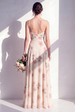 Apricot A-Line Floral Chiffon Spaghetti Straps Long Bridesmaid Dress