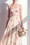 Apricot A-Line Floral Chiffon Spaghetti Straps Long Bridesmaid Dress