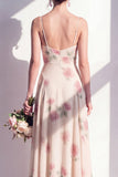 Apricot A-Line Floral Chiffon Spaghetti Straps Long Bridesmaid Dress
