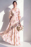 A-Line Apricot Floral Chiffon V-Neck Long Bridesmaid Dress with Half Sleeves