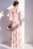 A-Line Apricot Floral Chiffon V-Neck Long Bridesmaid Dress with Half Sleeves