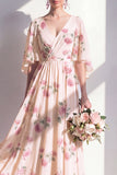 A-Line Apricot Floral Chiffon V-Neck Long Bridesmaid Dress with Half Sleeves