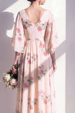 A-Line Apricot Floral Chiffon V-Neck Long Bridesmaid Dress with Half Sleeves