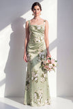 Sage Green Mermaid Floral Square Neck Long Bridesmaid Dress
