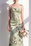 Sage Green Mermaid Floral Square Neck Long Bridesmaid Dress