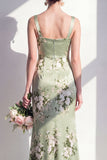 Sage Green Mermaid Floral Square Neck Long Bridesmaid Dress