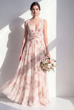 Apricot Chiffon A-Line V-Neck Ruched Long Floral Bridesmaid Dress