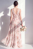Apricot Chiffon A-Line V-Neck Ruched Long Floral Bridesmaid Dress