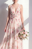 Apricot Chiffon A-Line V-Neck Ruched Long Floral Bridesmaid Dress