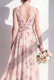 Apricot Chiffon A-Line V-Neck Ruched Long Floral Bridesmaid Dress