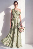 One Shoulder Sage Green Floral A-Line Long Bridesmaid Dress