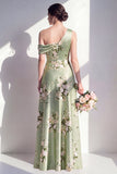 One Shoulder Sage Green Floral A-Line Long Bridesmaid Dress