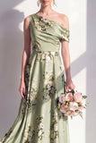One Shoulder Sage Green Floral A-Line Long Bridesmaid Dress