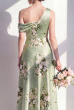 One Shoulder Sage Green Floral A-Line Long Bridesmaid Dress