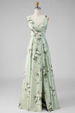 Sage Green A-Line Floral V-Neck Long Bridesmaid Dress with Slit