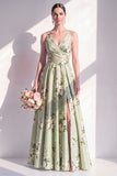 Sage Green A-Line Floral V-Neck Long Bridesmaid Dress with Slit