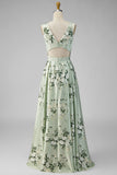 Sage Green A-Line Floral V-Neck Long Bridesmaid Dress with Slit