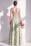 Sage Green A-Line Floral V-Neck Long Bridesmaid Dress with Slit