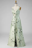 Sage Green A-Line Floral V-Neck Long Bridesmaid Dress with Slit