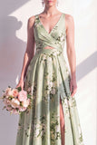 Sage Green A-Line Floral V-Neck Long Bridesmaid Dress with Slit