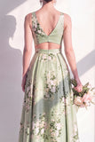 Sage Green A-Line Floral V-Neck Long Bridesmaid Dress with Slit