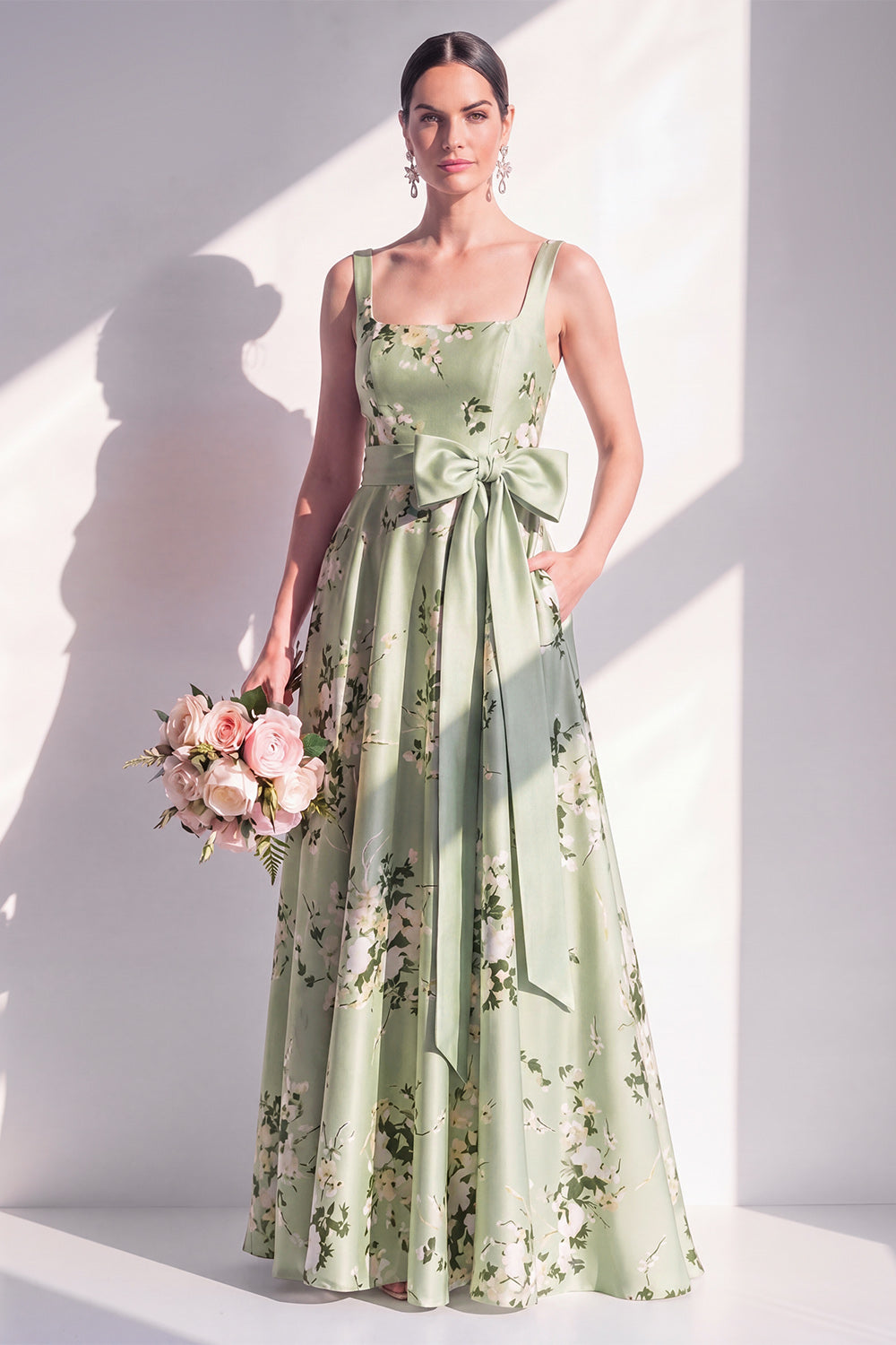 Zapaka Women Sage Green Long Bridesmaid Dress with Bow Floral A-Line Square Neck Satin Wedding Guest Dress with Pockets – ZAPAKA UK