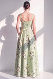 Sage Green Floral A-Line Square Neck Long Bridesmaid Dress with Bow