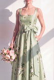 Sage Green Floral A-Line Square Neck Long Bridesmaid Dress with Bow