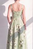 Sage Green Floral A-Line Square Neck Long Bridesmaid Dress with Bow